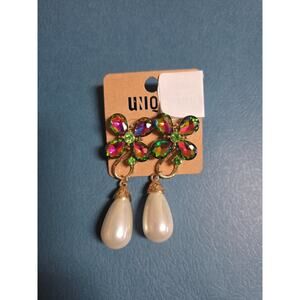 Colorful Rhinestone and Faux Pearl Drop Earrings